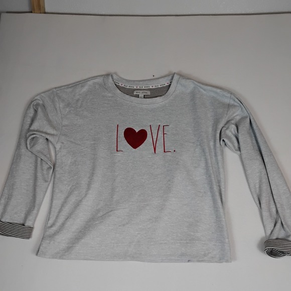 Rae Dunn Tops - Rae Dunn Womens Gray "LOVE." Long Sleeve Top Heart Graphic Striped Cuffs XL